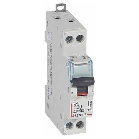 Disjoncteur 20A 1P+N courbe C 16kA arrivé haute/départ bas bornes vis 1M DX³ 10000 LEGRAND 409153 (1/3)