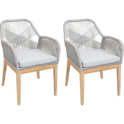 [NEUWERTIG] 2er-Set Gartenstuhl HHG-678b, Sessel Outdoor, wetterfest Seilgeflecht Rope Holz Akazie hellgrau Kissen hellgrau