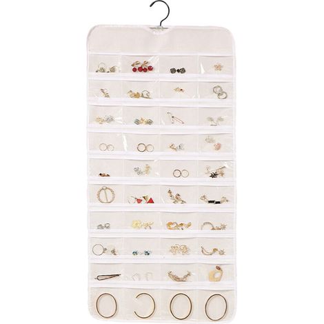 Bardusch - Roulette de rangement suspendue pour bijoux avec crochets métalliques, support double face pour boucles d'oreilles, colliers et bagues, à fixer dans un placard, au mur ou sur une porte. (1/5)