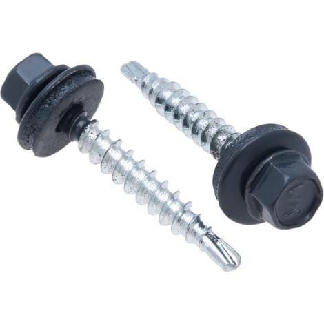 8 mm x 25 mm Vis de toiture, tête hexagonale autoperceuse multicolore (RAL 7016 gris anthracite) Vis de toiture avec rondelle EPDM scellée, antirouille zinguée Vis à filetage grossier durci pour utili (1/5)