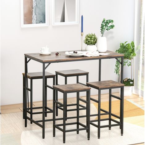 Conjunto mesa alta con 4 taburetes de bar, 100 x 60 x 88 cm, marrón rústico y negro HAVRYA (1/5)