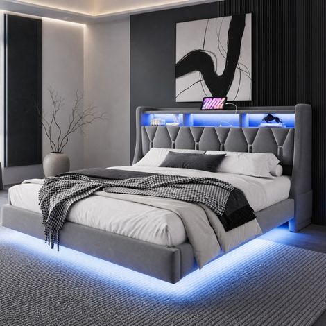 Letto 180x200 con LED e contenitori, grigio, legno, senza materasso FloraGrace (1/5)