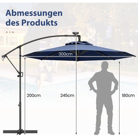 300 cm solar led terrassenschirm mit kurbel dunkelblau