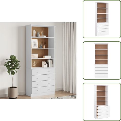 The Living Store Bibliothèque tiroirs ALTA blanc 77x35x186,5cm bois massif pin - Bibliothèque - Étagère - Meuble De Rangement - Bibliothéque Rustique - Bibliothèque Design