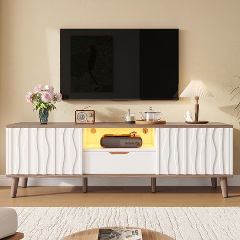 Meuble TV – Console multimédia avec rangements et porte coulissante – Convient pour téléviseur jusqu'à 70 pouces – Dimensions 160x40x52 cm – Pour salon et chambre – Blanc (1/5)