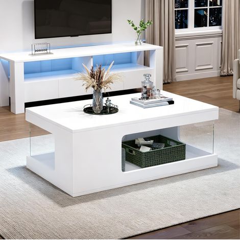 Mesa de centro de aglomerado blanco brillo 100 cm con LED y estantes laterales de vidrio templado (1/5)