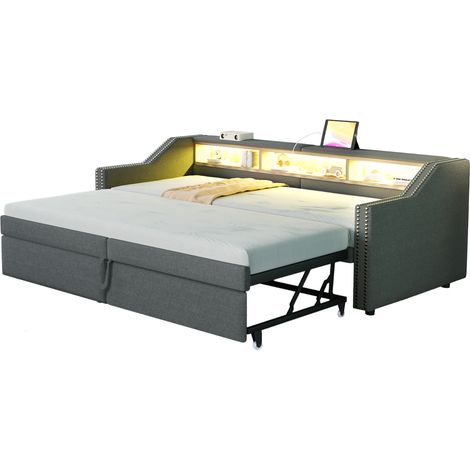 Sofá cama tapizado en tela gris oscuro 90/180x200 cm, extensible con USB, LED, somier y 2 colchones (1/5)