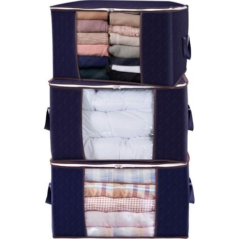 Lot de 3 Sac de Rangement pour Couette en épais Non-tissé Sac de Rangement sous lit pour édredons Couvertures Oreillers Jouets Vestes Vêtements, Bleu, 60 x 43 x 35 cm-Fei Yu (1/5)