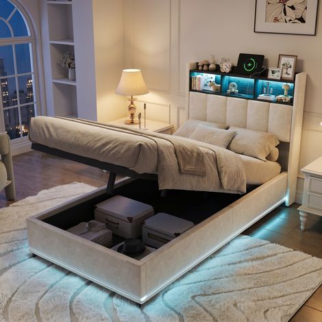 BLANKETSWARM - Lit coffre 90x200 cm avec sommier, lit simple 90x200 cm avec tête de rangement- Ports USB et LED réglables - Velours Beige (1/5)