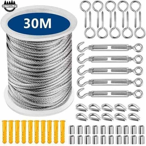 Edelstahlkabel, Edelstahl-Hängeseil, Wäscheleine für den Außenbereich, Wäscheleine aus Stahl für den Außenbereich, Metallkabel für den Außenbereich, Wäscheleine (30 m) (1/4)
