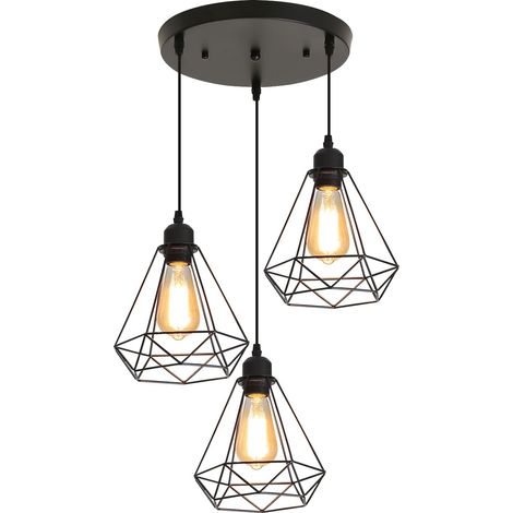 Goeco – Suspension industrielle en métal noir – Abat-jour cage géométrique – E27 – Hauteur 25 cm – Câble réglable 100 cm – Puissance 60W max (1/5)