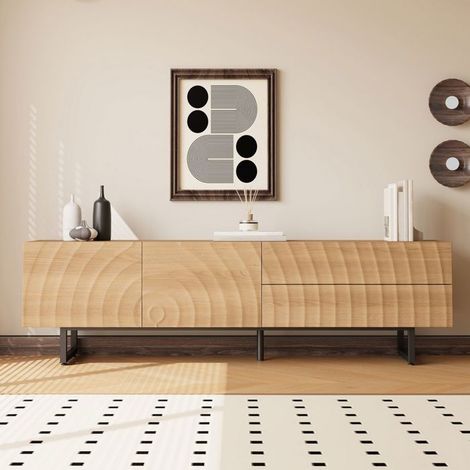 Meuble TV 180x40x50,5 cm, grand rangement portes tiroirs Meuble TV contemporain, design scandinave bois ondulé, passe-câbles intégré (1/5)