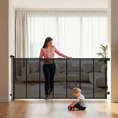 Barrière de Sécurité Extensible, Clôture en Maille Jusqu’à 305 cm de Large et 98 cm de Haut, Barrière Rétractable avec Bandes Renforcées en Fibre de Verre, pour Couloir Escalier Porte, Noir (1/5)