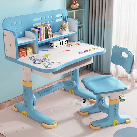 Kinder-Schreibtisch- und Stuhl-Set, höhenverstellbarer Kinder-Lerntisch, Golden Distance Design-Schreibtisch-Lerntisch mit neigbarem Bücherregal, Schubladen-Stuhl-Set für Jungen und Mädche - 603 Blau (1/5)