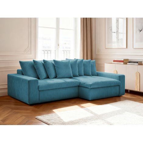 BOBOCHIC - Canapé d'angle fixe ENORE velours côtelé Angle droit  Bleu clair (1/5)