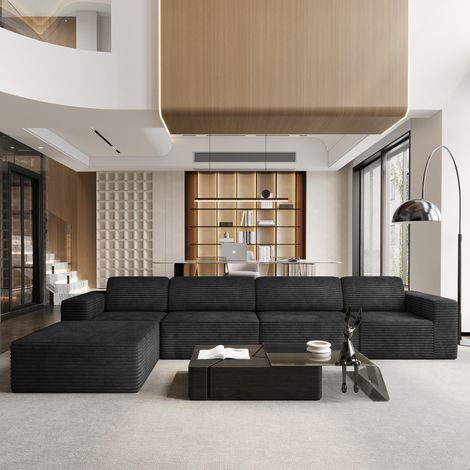 Modulares 4-Sitzer-Ecksofa aus Cord mit 1 Hocker, platzsparend zusammenklappbar, kein Aufbau erforderlich, 404 x 202 x 82 cm, Schwarz
