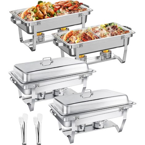 Chafing Dish Buffet Lot de 4 récipients de Conservation au Chaud en Acier Inoxydable - 9 l - pour Buffet et fête - avec Pince de Service (carré argenté - 4 Ensembles de conteneurs GN1/2+1/1) (1/5)