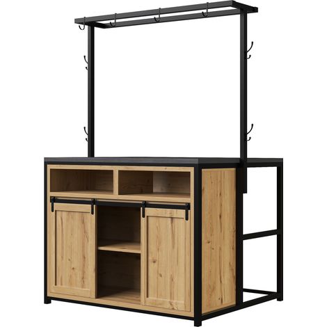 Ensemble îlot de cuisine avec 2 tabourets, meuble avec prise électrique, finition bois et noir (1/5)