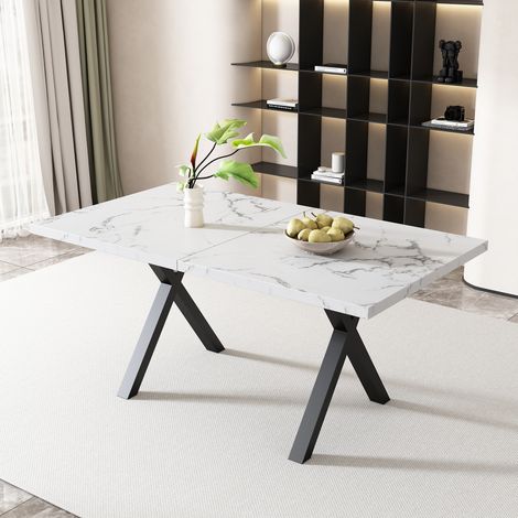 Esstisch 140x80x76 cm, minimalistisches Kreuzdesign, vielseitig, MDF und Metall, weiß