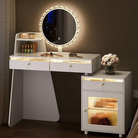 WOLTU Coiffeuse avec Éclairage LED, 3 Tiroirs, 1 Miroir Rond Mobile, 1 Armoire Autoportante, Blanc (1/5)