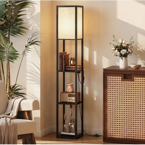 Lampadaire LED avec étagères, variateur 3 niveaux, ports USB et prise, noir, OKWISH (1/5)