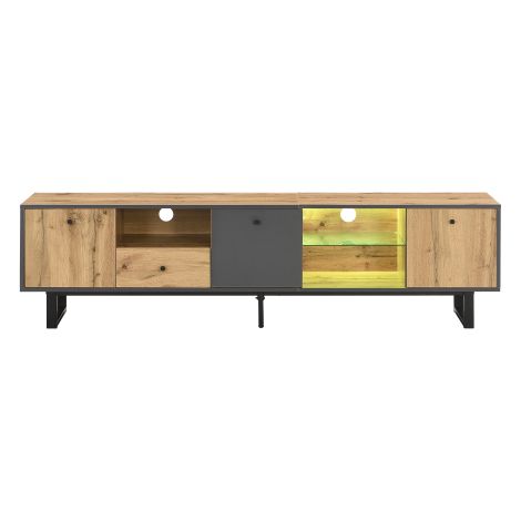 Meuble TV bois gris noir 3 portes tiroir LED étagères verre