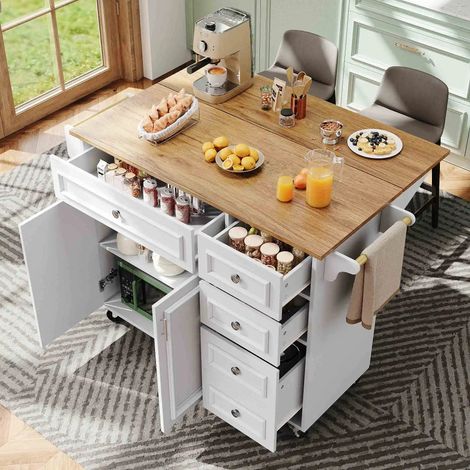 Kücheninsel(110×45-75×92cm),Modernes Küchensiland, Küchenschrank, Abnehmbare Servierwagen buffetschrank, Speisewagen mit Vintage-Muster, buffetschrank, Multifunktionale Esstisch mit Speicherraum,weiß