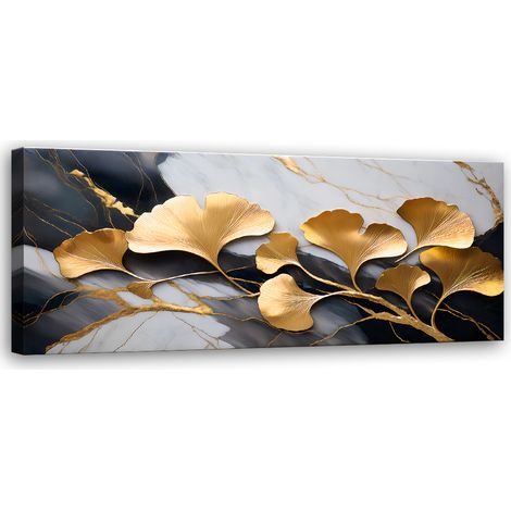 Tableau déco Ginko Botanique Fleurs Marbre Gris Or 90x30 (1/5)