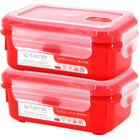 2x Herméticos SUPER LOCK MICRO 680 ml. aptos para cocinar al vapor en el microondas, ideal transporte y almacenamiento de alimentos, cierre clip, vál (1/5)
