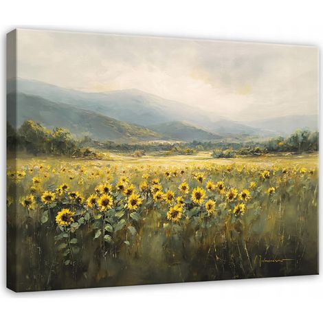Leinwandbild Sonnenblumen und Wiese, Natur Landschaft für Schlafzimmer, Wohnzimmer und Küche, hochauflösender Druck, 100 x 70 cm