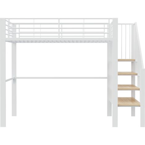 Lit mezzanine 140x200 avec espace de rangement sous le lit et escalier sécurisé, structure en métal pour enfants et adultes, blanc. (1/5)