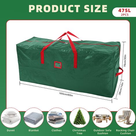Set di 2 sacchi portaoggetti verdi da 475 litri, resistenti e impermeabili con chiusura a cerniera – Sacco portaoggetti extra-large per albero di Natale artificiale, ornamenti, luci e decorazioni (1/4)