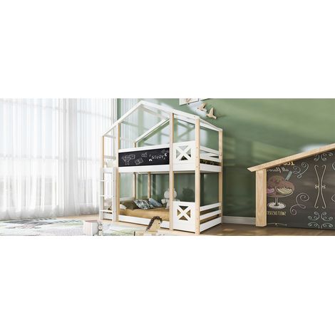 (Kinderbett Baumhaus mit Leiter 90 x 200 cm) Littre pour enfants avec échelle. Lit surélevé pour enfants – 2 supports de planches. Tissu naturel et blanc. (1/5)