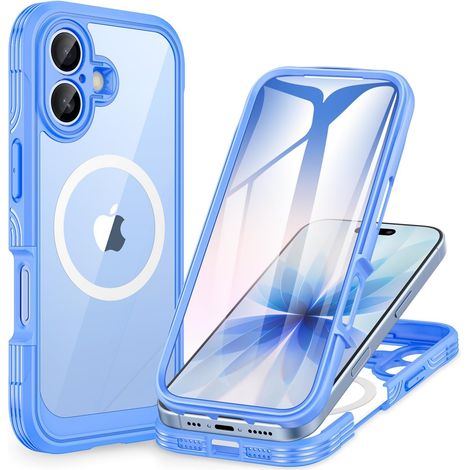Magnétique Coque iPhone 17 [Compatible avec MagSafe] intégré 9H Verre Trempé Protection écran et Protection Caméra, 360° Antichoc Téléphone Housse Double Face Case Intégrale Etui - Bleu (1/5)