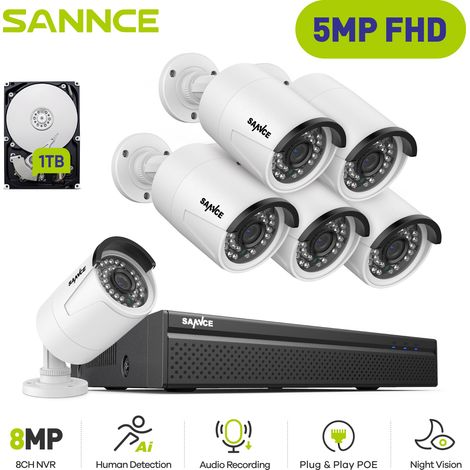 SANNCE 5MP Kit H.264+ PoE NVR 8 Channel POE NVR with 6 CCTV Cameras 5MP Recorder Waterproof IP66 Security Camera System for Indoor Outdoor,1TB HDD (1/5)