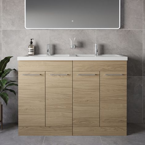 Napoli 390 Light Oak 1200mm 4 Door Vanity Unit with Double Lucia Basins - 1200mm - Chrome 160mm Handle