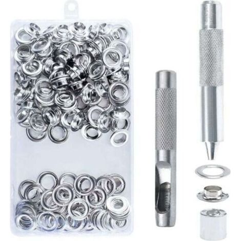 ALLIANDISUn kit contenant 100 œillets métalliques de 14 mm et des outils, parfait pour réparer les bâches, les toiles et les tentes (argent). (1/4)