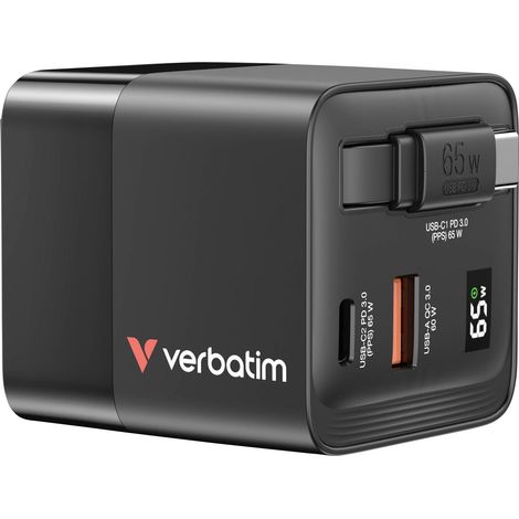 Verbatim GaN Charger 65 W Adaptateur de voyage 65 W 1x USB-A, 1x USB-C® Power Delivery, Power Delivery 3.0, QC 3.0 noir chargeur rapide, GaN, avec ad Y020663 (1/5)