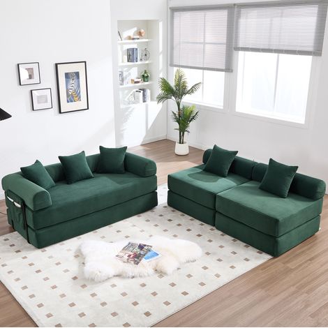 Sofá modular familiar verde de pana con almacenaje y función cama MODENUIT (1/5)