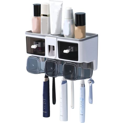 Distributeur de brosses à dents mural sans perçage, porte-gobelet pour salle de bain, étagère de rangement blanche 3 pièces (1/5)