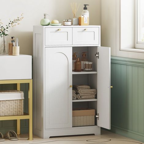 Armario de Baño Estrecho con 2 Cajones Estante Abierto y Puerta con Panel Arqueado 60x30x108 cm Blanco Veteado (1/5)