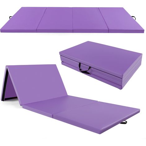 Folding Exercise Mat, 4-Panel PU Leather, Handles, Purple (1/5)