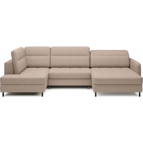 Sofá de esquina convertible BERTHO 306 cm beige claro efecto jaspeado – Ángulo derecho con baúl (1/5)