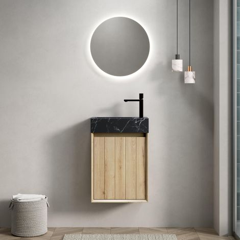 Meuble sous vasque suspendu 40 cm, avec plan à effet marbre noir – Corps en contreplaqué strié avec porte, finition bois, Naturel (1/5)