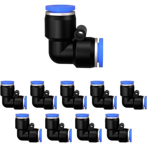 10 - Raccord pneumatique - Connecteur coudé - Fixation rapide 90 degrés - Pour tuyau air comprimé - Usage industriel - Noir - 14x14 mm (1/5)