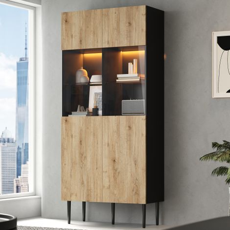 Mobile alto moderno con 10 scomparti e ante in vetro, illuminazione a LED - 8035180 cm (L/A/P), mobili alti per il soggiorno, mobile contenitore in legno naturale + mobile nero, vetrina (1/5)