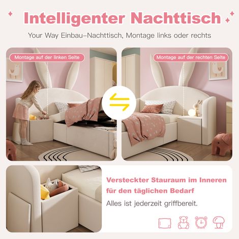 Lit enfant capitonné 90x190cm, tête de lit oreilles de lapin, sommier avec coffre hydraulique et table de nuit, housse en velours moelleux, teinte beige (matelas non inclus) (1/5)