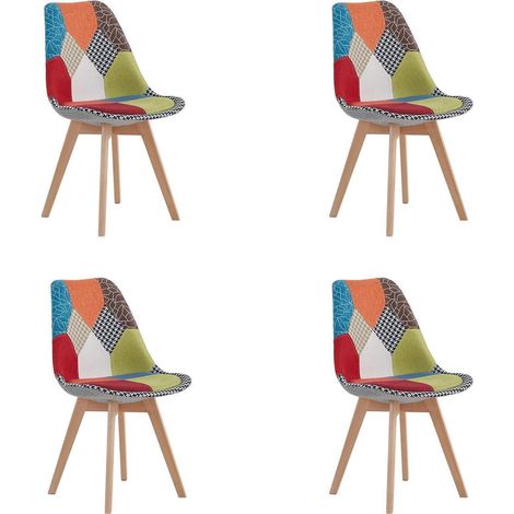 4er Set Esszimmerstühle Patchwork Rot mit Massivholzbeinen, abnehmbarem Sitzkissen (1/5)