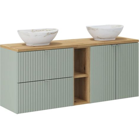 Insieme ELVINA 140cm: mobile sotto lavabo con nicchie visibili a cassetti e armadietti + piano per il lavabo + due lavabi da appoggio