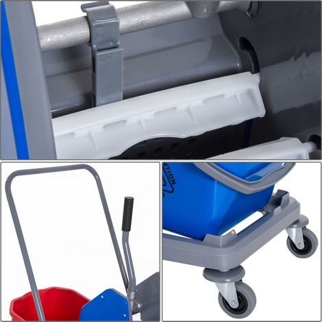 Chariot de ménage HOMCOM, porte-balai avec 2 bacs, système de nettoyage à 4 roulettes multidirectionnelles, acier et polypropylène, bleu et rouge, 73 × 45 × 92 cm